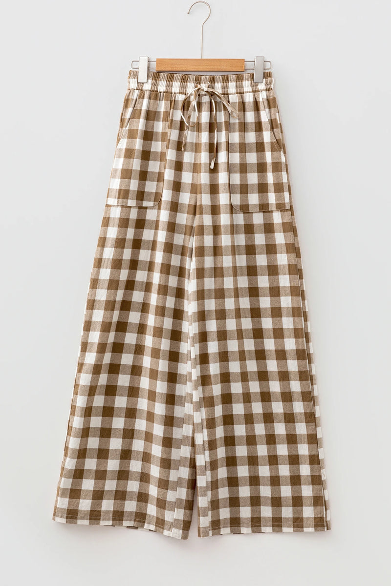 Load image into Gallery viewer, DLLS763 - Ladies Brown Gingham Plaid Tie Elastic Waist Shift Pants
