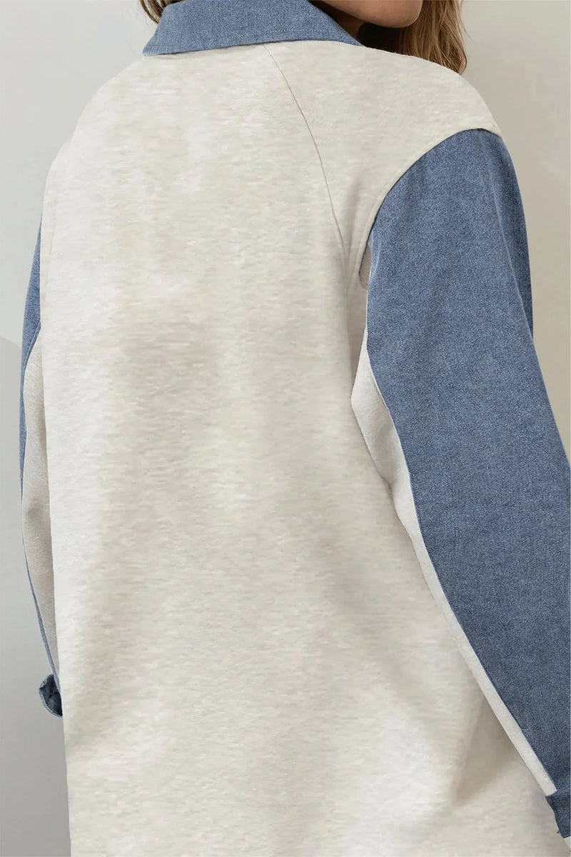 Load image into Gallery viewer, DLLS439 - Ladies Light Grey Denim Patchwork Buttoned Polo Collar Long Sleeve Top
