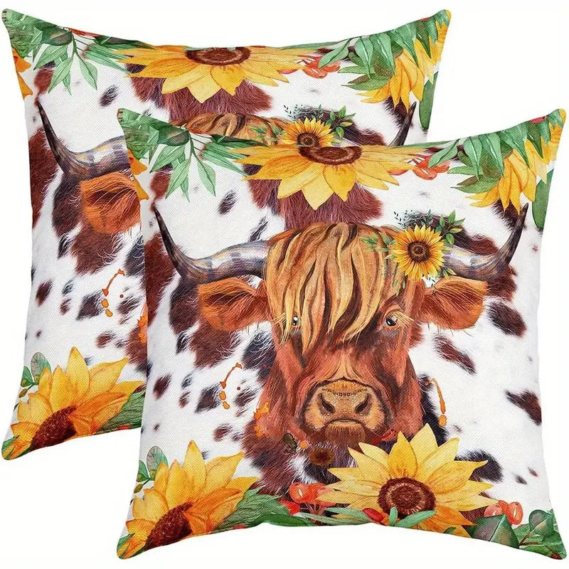 Load image into Gallery viewer, TMPL42 - Set of 2 - 18&quot; x 18&quot; Highland Cow Sunflower Throw Pillows
