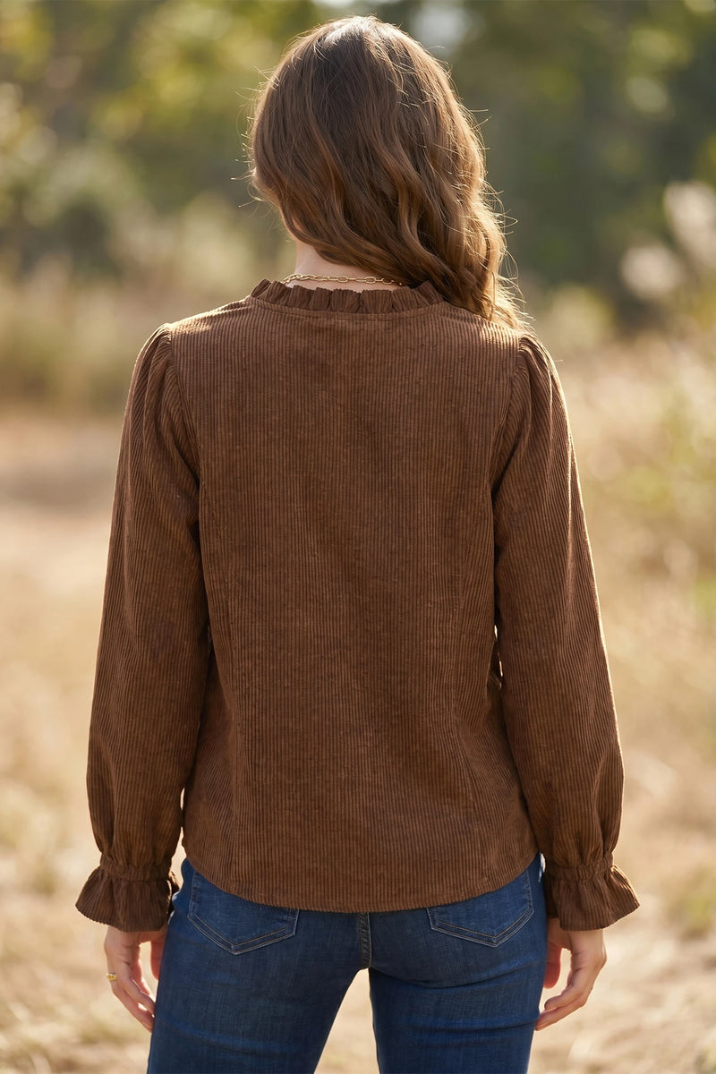 Load image into Gallery viewer, DLLS727 - Ladies Coffee Color Ruffle Trim V Neck Long Sleeve Button Corduroy Shakcet
