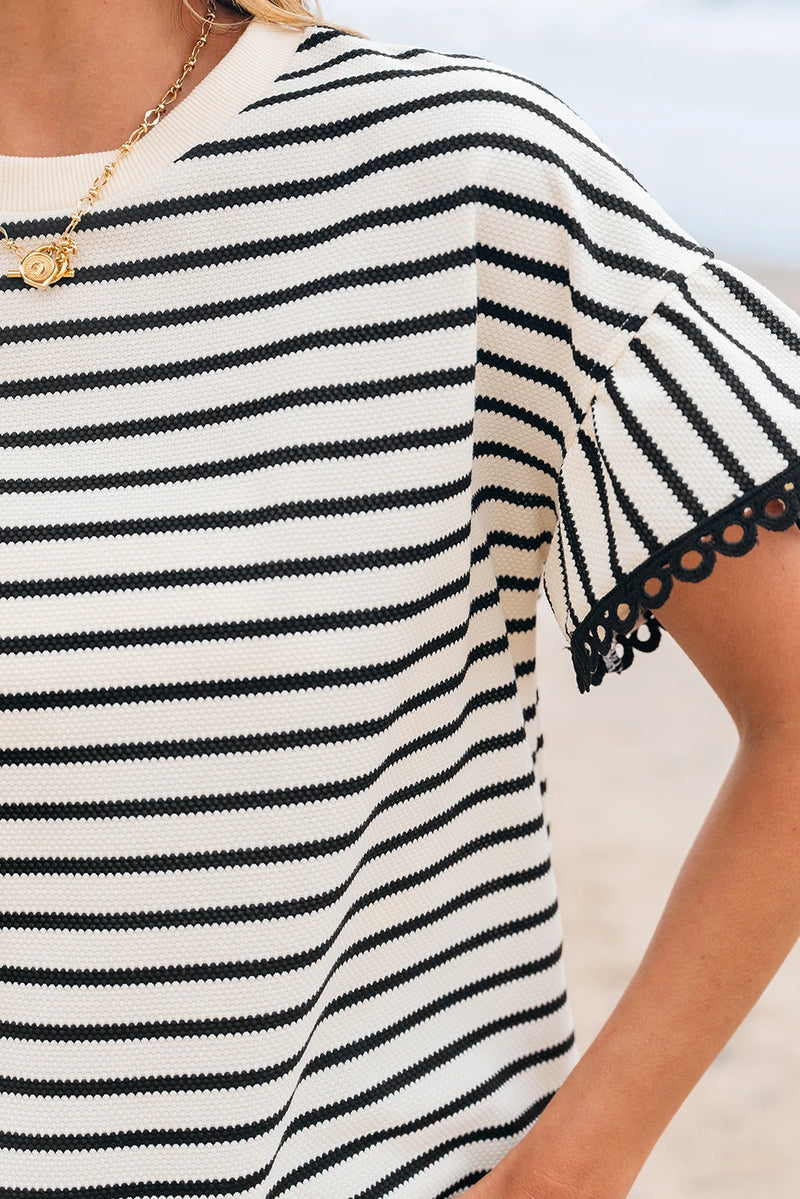 Load image into Gallery viewer, DLLS430 - Ladies Black Stripe Scallop Lace Trim Ruffle Short Sleeves Crewneck Top
