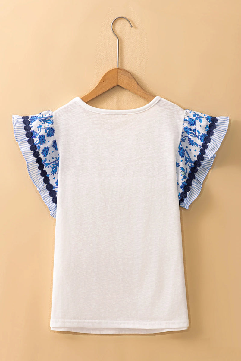 Load image into Gallery viewer, DLLS463 - Ladies Blue Ric-Rac Trim Printed Flutter Sleeve Contrast Patchwork Blouse
