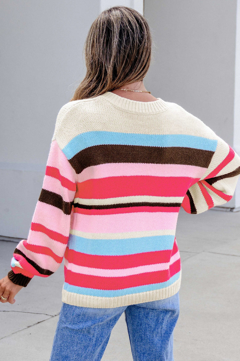 Load image into Gallery viewer, DLLS862 - Ladies Pink Stripe Striped Colorblock Drop Shoulder Cardigan
