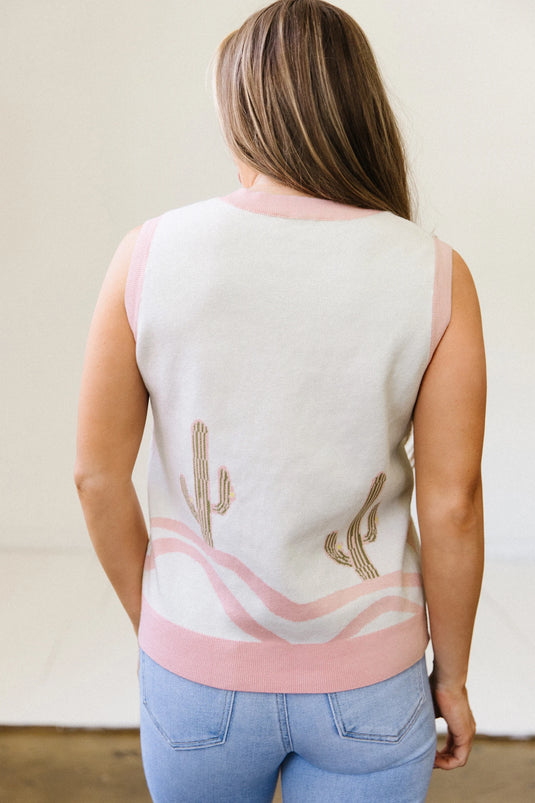 DLLS716 - Ladies Pink Color Block Trim Button Front Cactus Pattern Western Sweater Vest