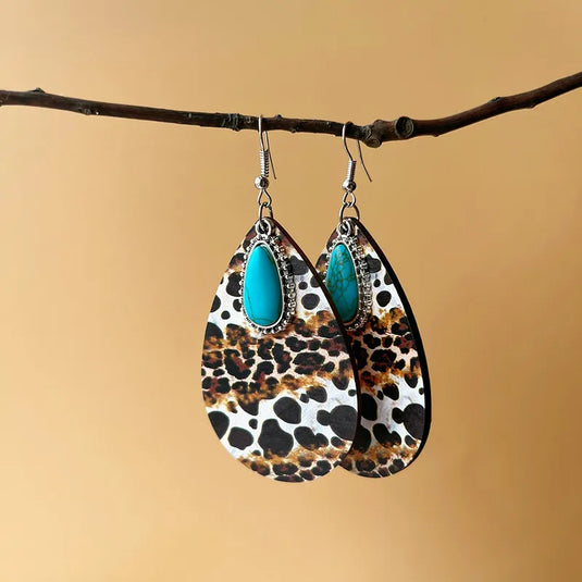 NIHER77 - Wood Animal Print With Turquoise Earrings