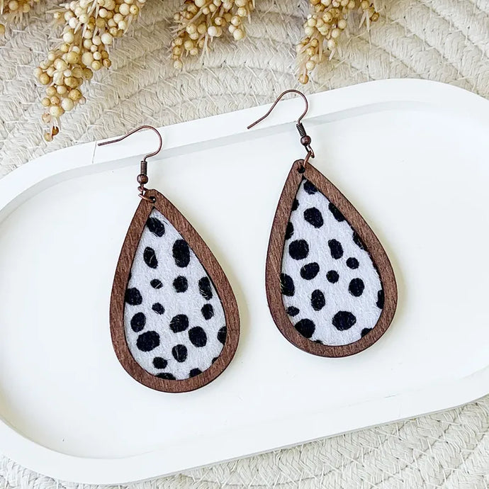 NIHER70 - Cow Print PU Leather & Wood Earrings