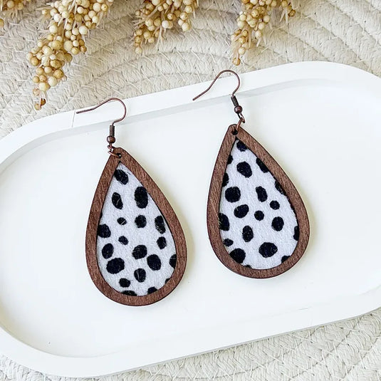 NIHER70 - Cow Print PU Leather & Wood Earrings