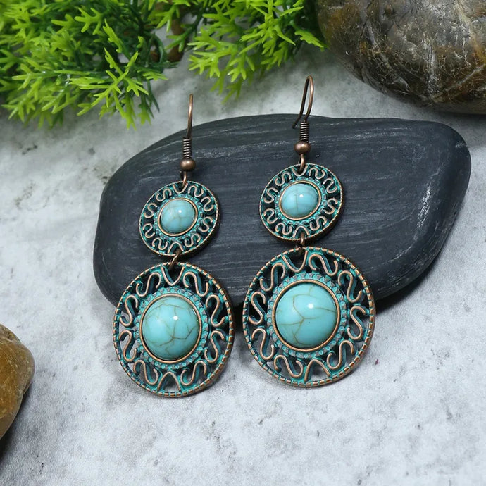 NIHER31 - Rustic Double Circle Drop Turquoise Earrings