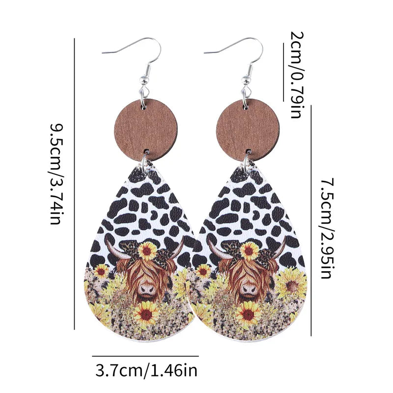 Load image into Gallery viewer, NIHER87 - PU Leather &amp; Wood Highland Cow Earrings
