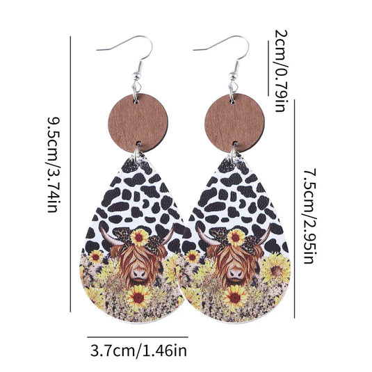 NIHER87 - PU Leather & Wood Highland Cow Earrings