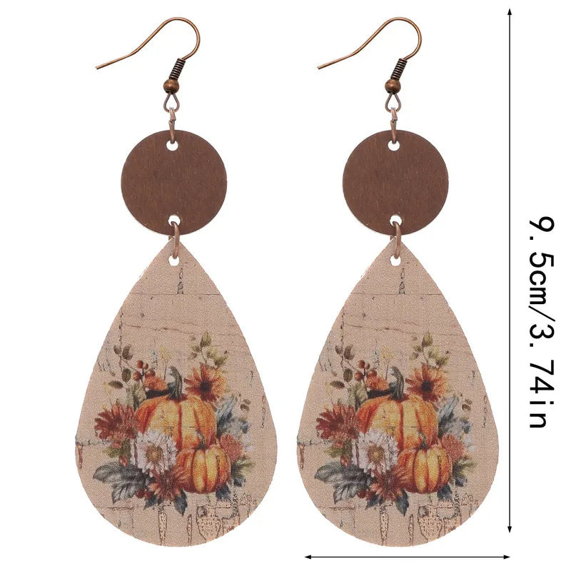 Load image into Gallery viewer, NIHER49 - PU Leather Fall Pumpkin Print Earrings

