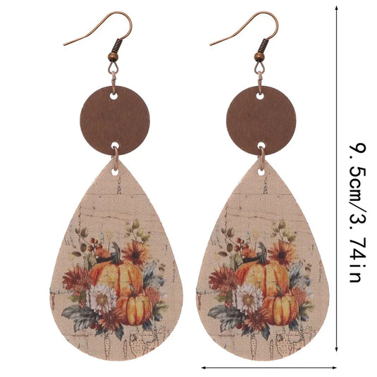 NIHER49 - PU Leather Fall Pumpkin Print Earrings