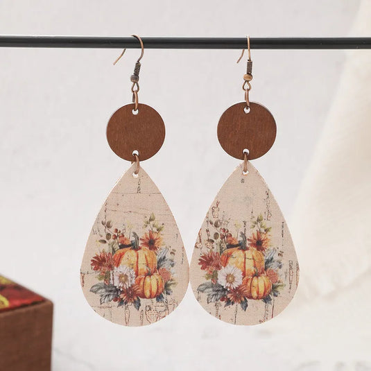 NIHER49 - PU Leather Fall Pumpkin Print Earrings
