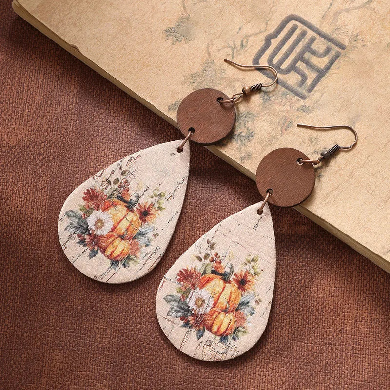 Load image into Gallery viewer, NIHER49 - PU Leather Fall Pumpkin Print Earrings
