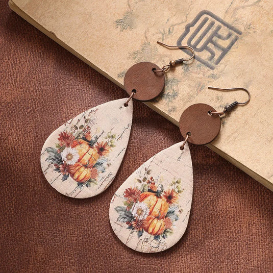 NIHER49 - PU Leather Fall Pumpkin Print Earrings