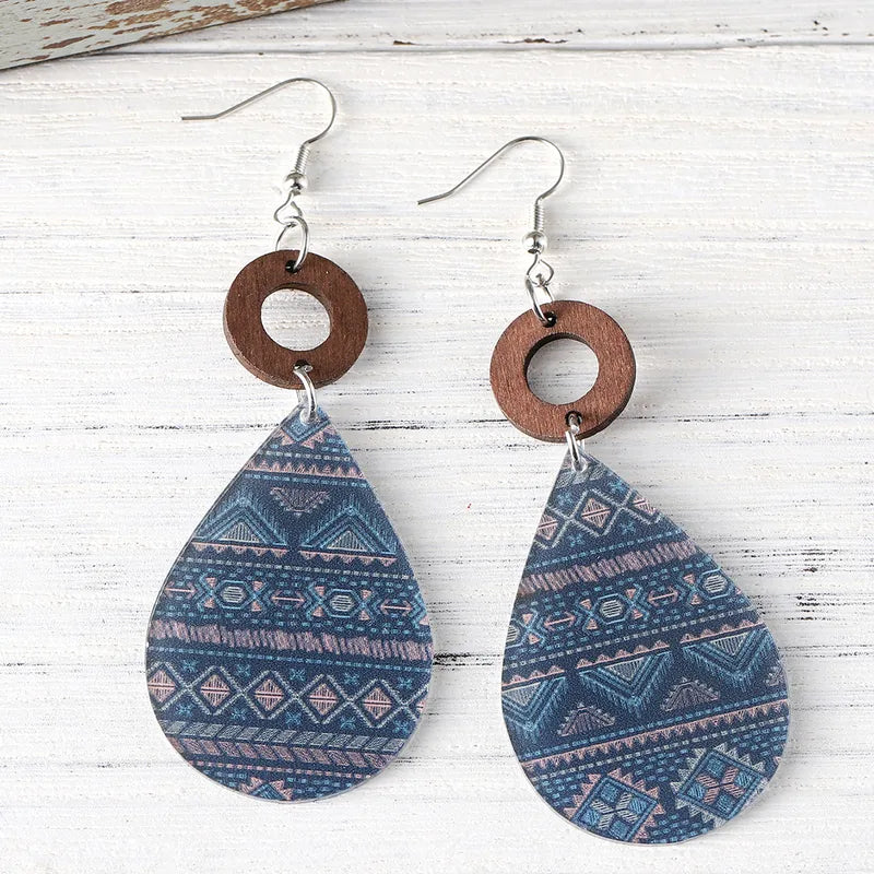 Load image into Gallery viewer, NIHER85 - Acrylic &amp; Wood Aztec Tear Drop Earrings
