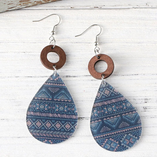 NIHER85 - Acrylic & Wood Aztec Tear Drop Earrings