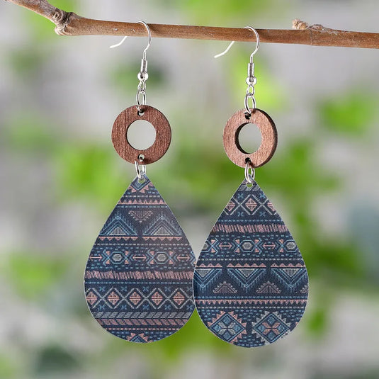 NIHER85 - Acrylic & Wood Aztec Tear Drop Earrings