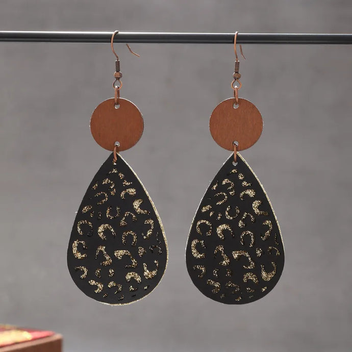 NIHER62 - Contrasting Black PU Leather & Wood Earrings
