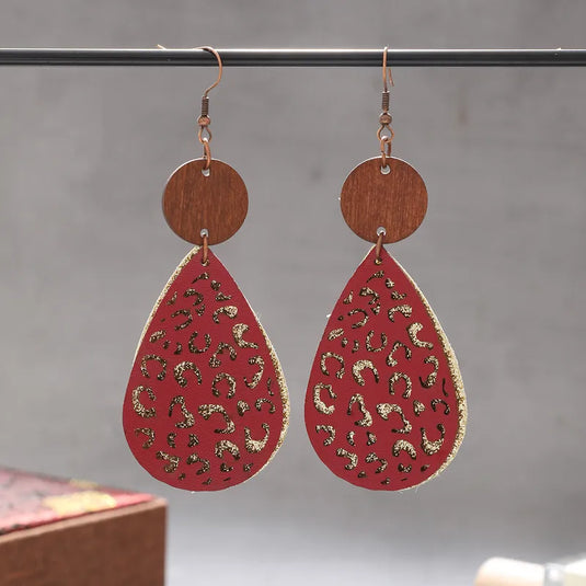 NIHER61 - Contrasting Red PU Leather & Wood Earrings