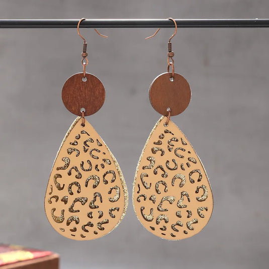 NIHER60 - Contrasting Tan PU Leather & Wood Earrings