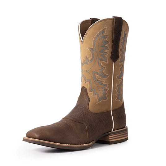 PLT103608 - Palitutu Men's Brown Embroidered Full-Grain Leather Square Toe Western Boots