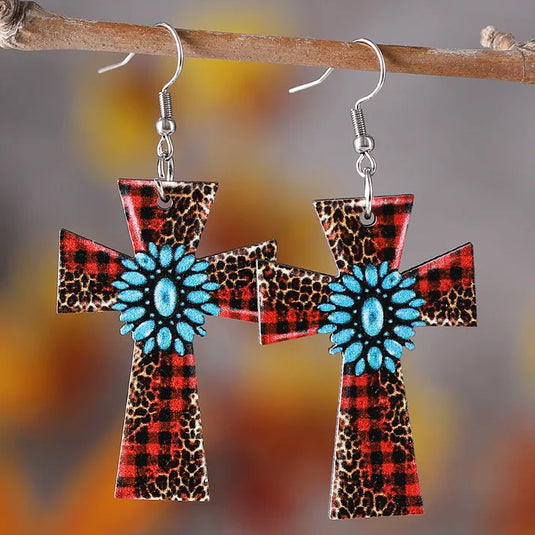 GOODER 1 - Retro Cross Printing Wood Drop Earrings