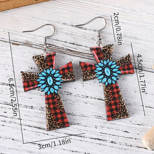 GOODER 1 - Retro Cross Printing Wood Drop Earrings