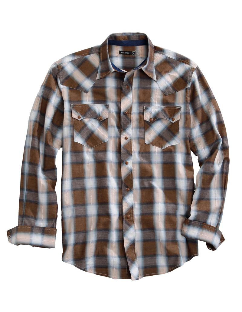 Load image into Gallery viewer, 10-001-0062-0470 BR - Tin Haul Men's Long Sleeve Snap Saddle Dobby Plaid Western Shirt
