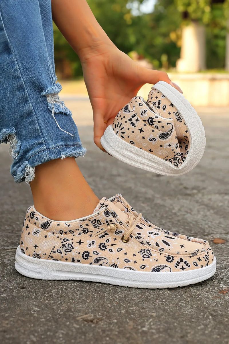Load image into Gallery viewer, DLLSHOE 164 - Khaki Boho Floral Print Lace-up Detail Canvas Flat Shoes
