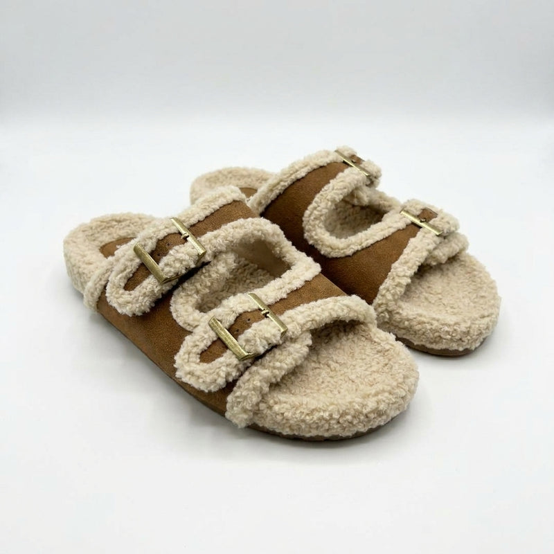 Load image into Gallery viewer, DLLSHOE 145 - Chestnut Faux Suede Sherpa Patchwork Double Buckle Hollowed Open Toe
