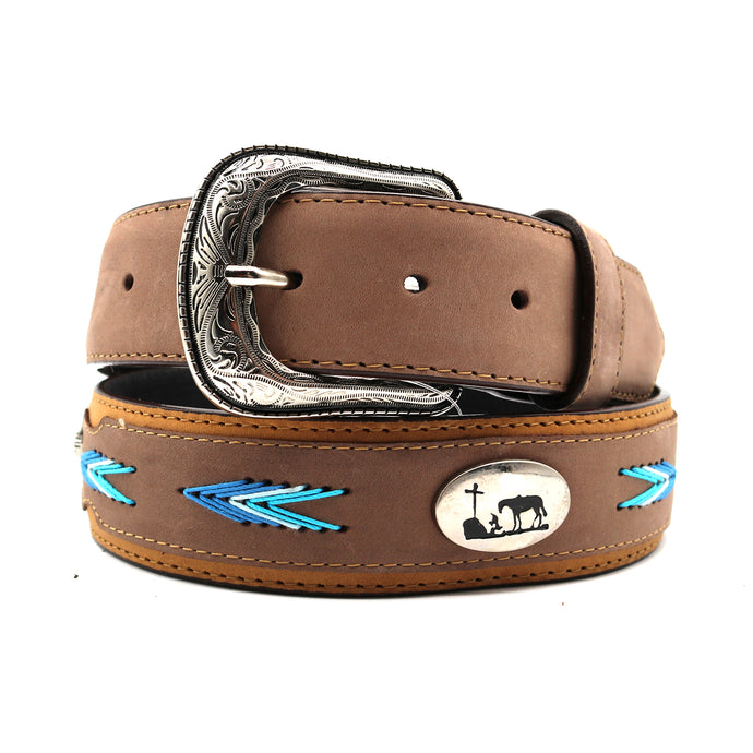CP1007 - Cowboy Prayer Cowhide Leather Belt w/ Conchos & Overlays