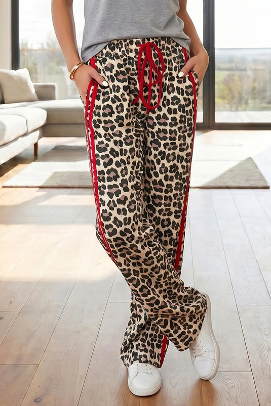 DLLS766 - Ladies Red Contrast Detail Tie Waist Leopard Print Casual Pants