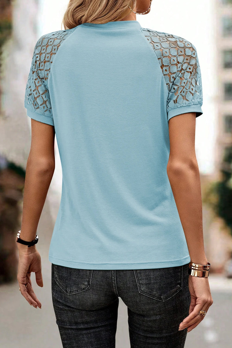 Load image into Gallery viewer, DLLS477 - Ladies Mist Blue Contrast Lace Raglan Sleeve Tee

