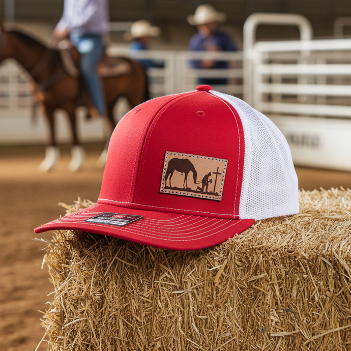 CP103 - Cowboy Prayer Leather Patch Red/White Cap