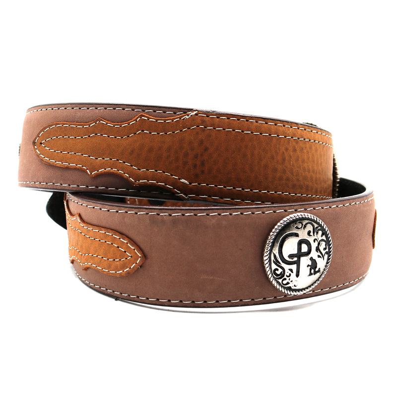 Load image into Gallery viewer, CP1012 - Cowboy Prayer Chocolate Cowhide Leather Belt w/Conchos
