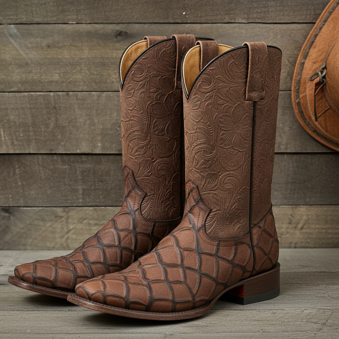 CP1709 - Cowboy Prayer Chocolate Pirarucu Print Cowboy Boots