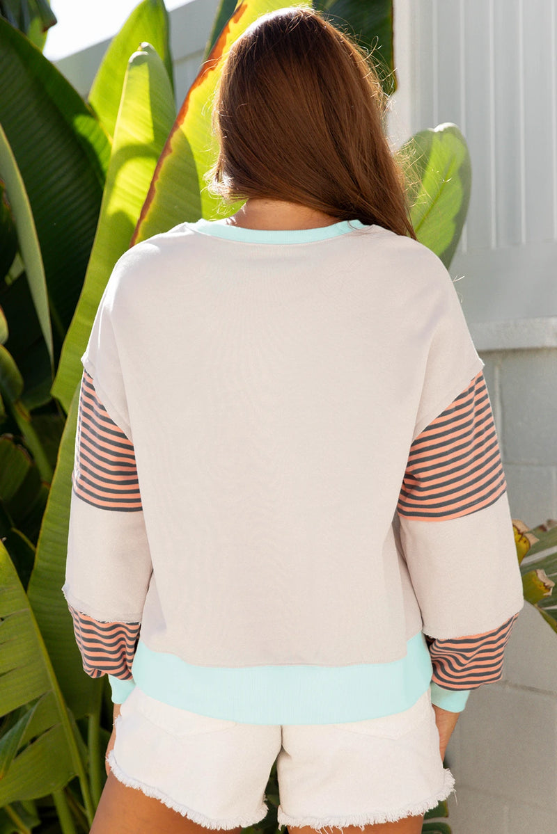 Load image into Gallery viewer, DLLS455 - Ladies Jet Stream Striped Colorblock Patchwork Drop Shoulder Sweatshirt

