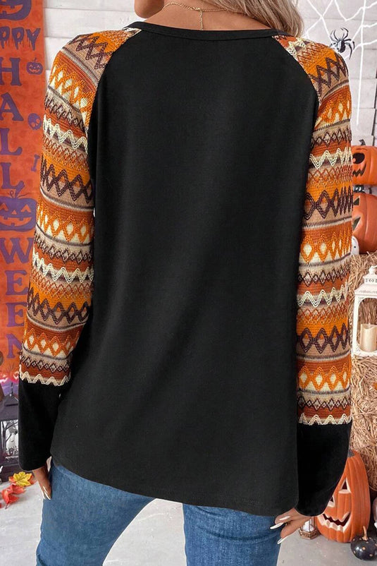 DLLS744 - Ladies Orange Geo Print Raglan Patchwork Long Sleeve Tee