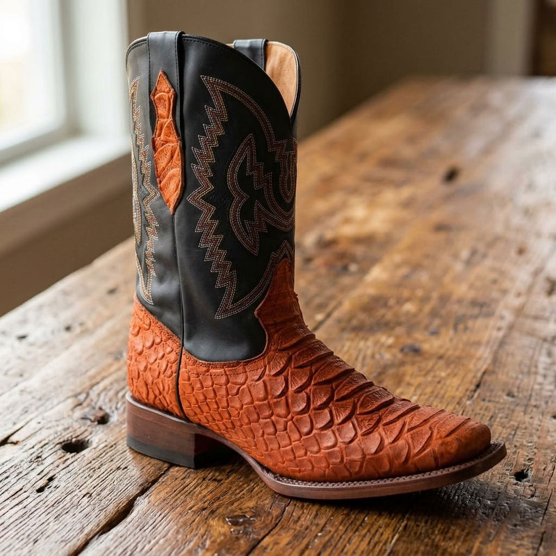 Load image into Gallery viewer, CP1704 - Cowboy Prayer Hand Crafted Rust Brown Python Print Cowboy Boot
