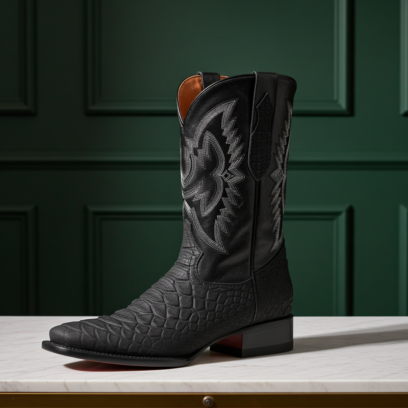 Load image into Gallery viewer, CP1701 - Cowboy Prayer Hand Crafted Black Python Print Cowboy Boots
