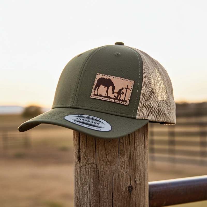 Load image into Gallery viewer, CP118 - Cowboy Prayer Leather Patch Moss/Khaki Cap
