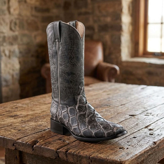 CP5013 - Cowboy Prayer Hand Crafted Blk/Wht/Grey Pirarucu Print Cowboy Boots