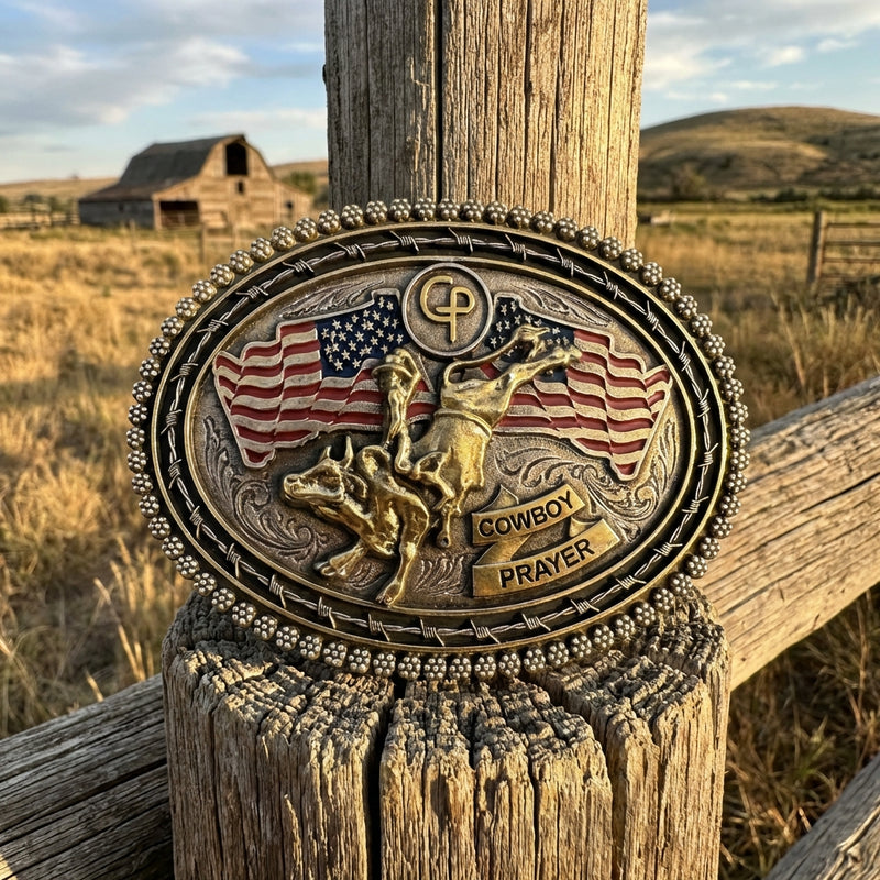 Load image into Gallery viewer, CPB101 - Cowboy Prayer Antique Silver/Gold Bull Rider Buckle
