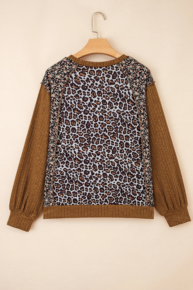 Load image into Gallery viewer, DLLS195 - Ladies Brown Leopard Floral Print Ribbed Puff Sleeve Patchwork Loose Pullover
