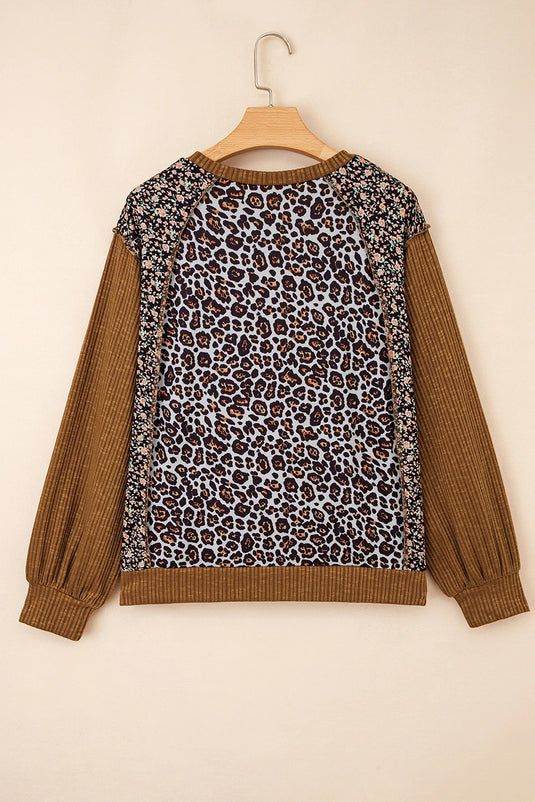 DLLS195 - Ladies Brown Leopard Floral Print Ribbed Puff Sleeve Patchwork Loose Pullover