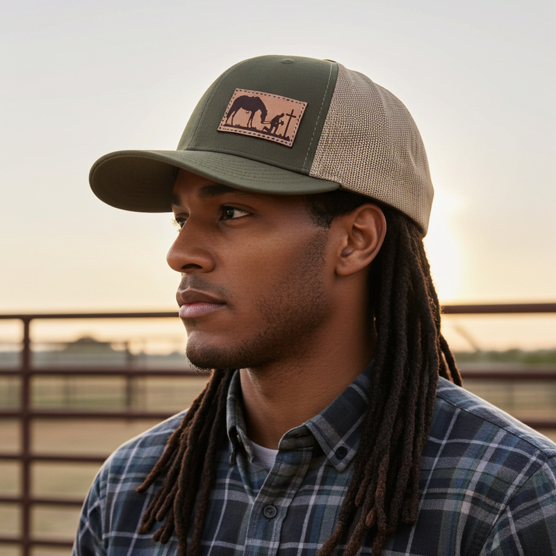Load image into Gallery viewer, CP118 - Cowboy Prayer Leather Patch Moss/Khaki Cap
