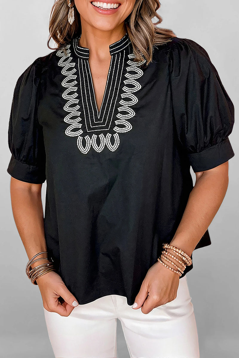 Load image into Gallery viewer, DLLS364 - Ladies Black Short Puff Sleeve Contrast Embroidered Detail V Neck Blouse
