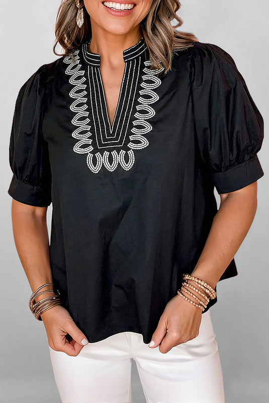 DLLS364 - Ladies Black Short Puff Sleeve Contrast Embroidered Detail V Neck Blouse