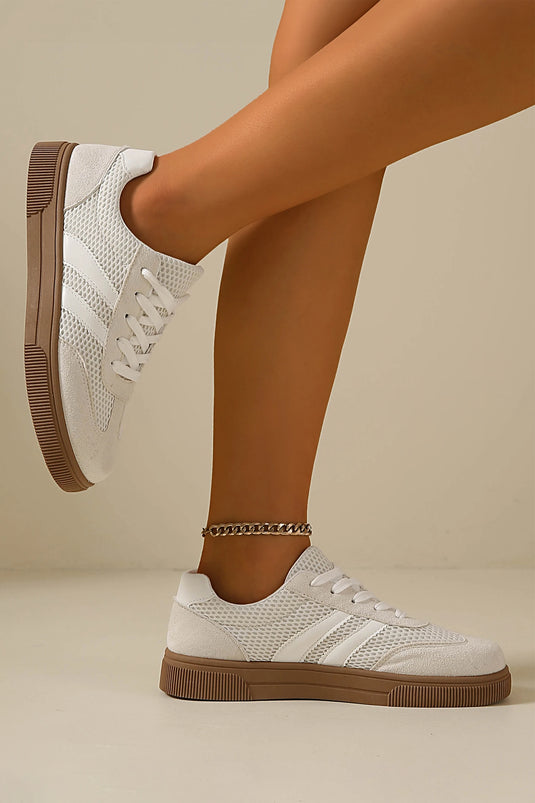 DLLSHOE 92 - White Breathable Mesh Patchwork Lace Up Flat Shoes